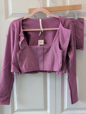 Anthropologie Ribbed Button Crop Tank, Shorts & Cardigan Set - Mauve